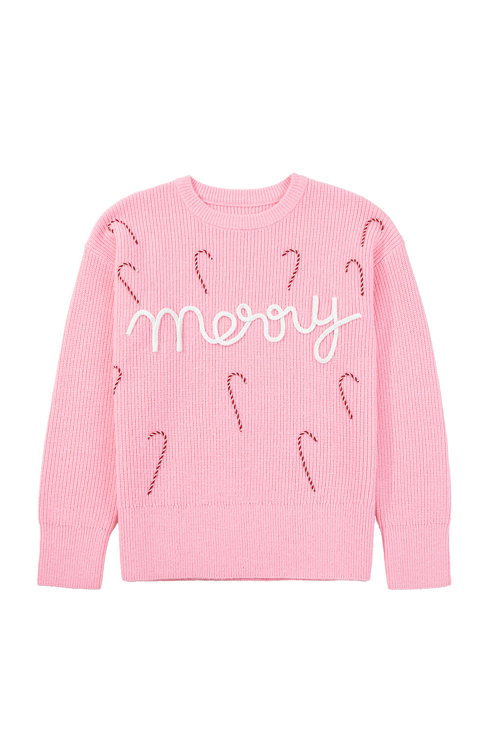 Pink Merry Candy Cane Puffy Knit Crew Neck Sweater Dear-Lover Dropshipping